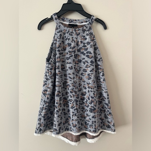 Anthropologie W5 Womens  Cary Top Size med Blue Tan Leopard Print Halter Fringe - Picture 1 of 4